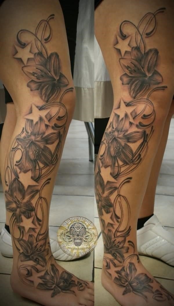 Cool Black And Grey Flowers Tattoo On Left Full Leg