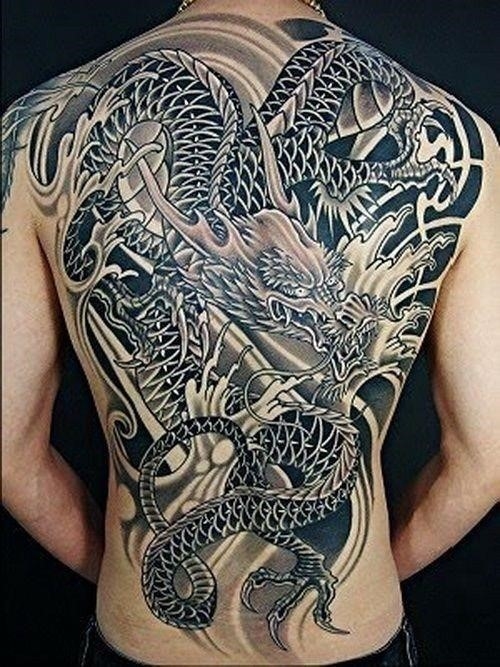Cool Black Ink Asian Dragon Tattoo On Full Back