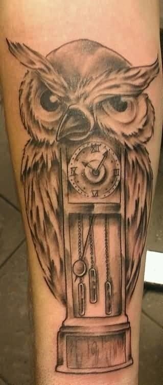 Crazy Baby Owl With Old Grandfather Clock Tattoo