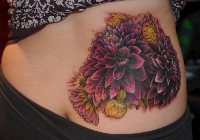 Dahlia Flowers Tattoo On Lower Back
