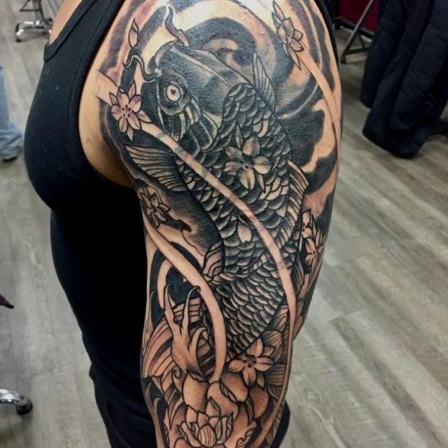 Dark Koi Fish Shoulder Tattoo