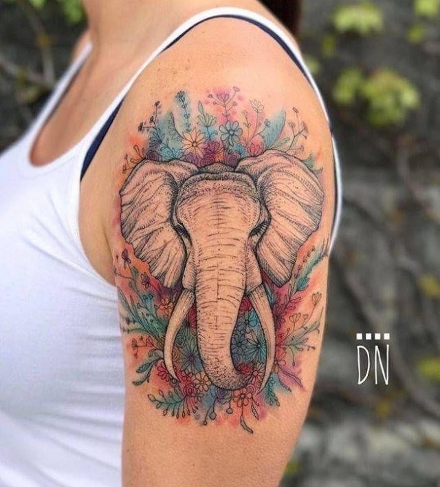 Elephant Head with Colorful Flowers Tattoo On Upper Sleeve