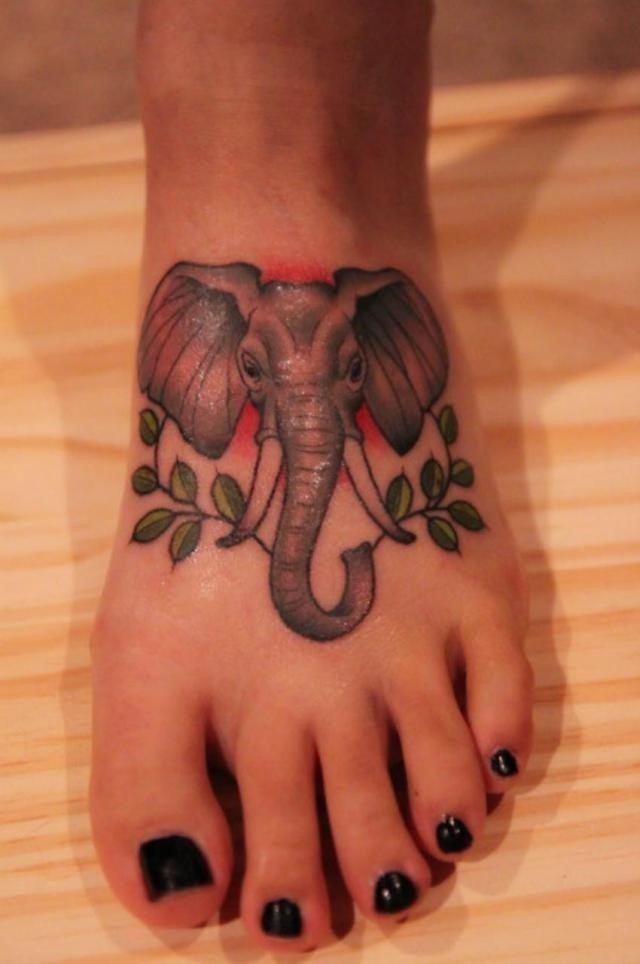 Elephant Leaves Tattoo On Foot For Girls
