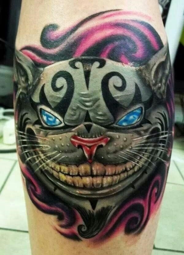 Evil Cheshire Cat Tattoo On Sleeve