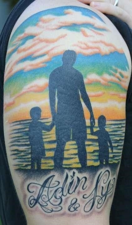 Father And Sons Silhouette Tattoo On Right Half Sleeve