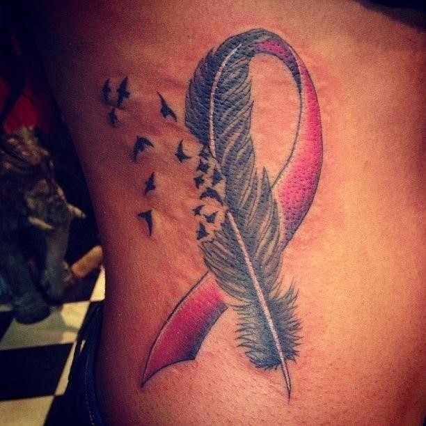 Feather Cancer Ribbon Tattoo Design on Rib