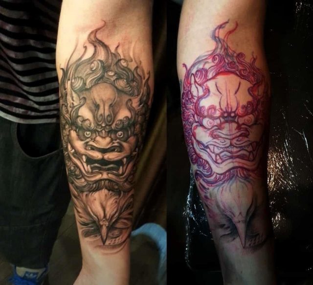 Forearm black and grey Foo Dog tattoo  1024×931