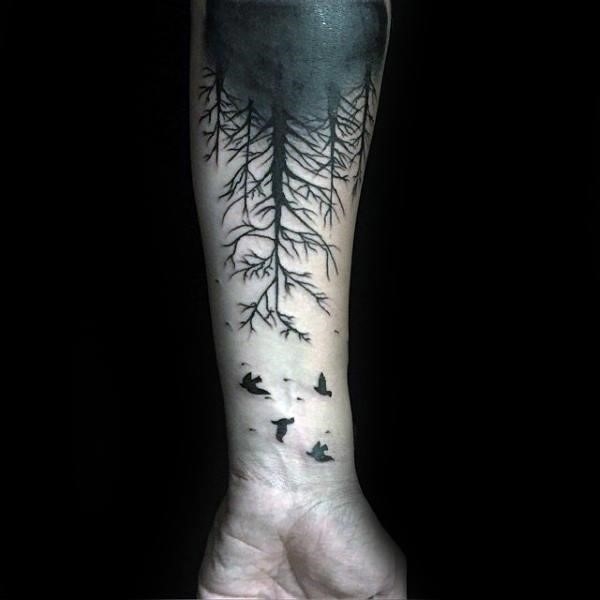 Forest Tree with Fallen Leaves and Black Birds Tattoo