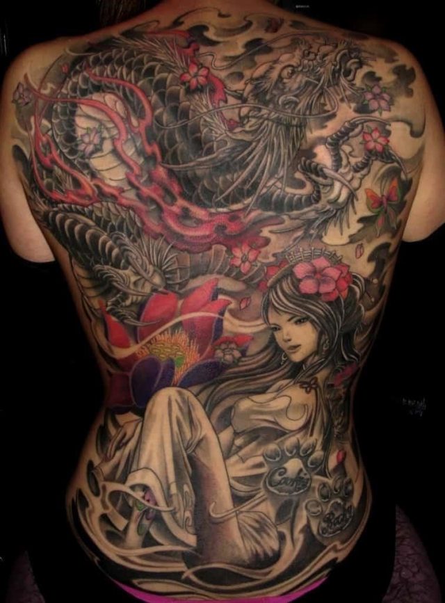Full back black and grey colour Geisha Dragon and Lotus tattoo  756×1024