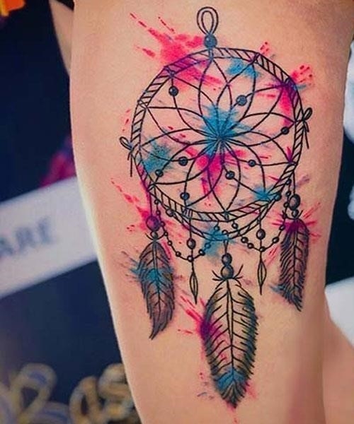 Gorgeous Watercolor Dreamcatcher Tattoo On Thigh Sexy Thigh Tattoo Ideas
