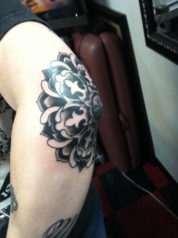 Grey And White Elbow Tattoo