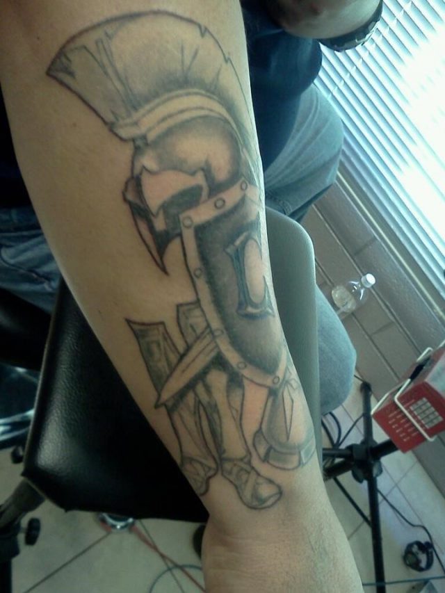Grey Armor Of God Tattoo On Arm Sleeve