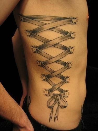 Grey Corset Bow Tattoo On Side Rib