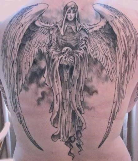 Grey Ink Protector Female Guardian Angel Tattoo On Full Back