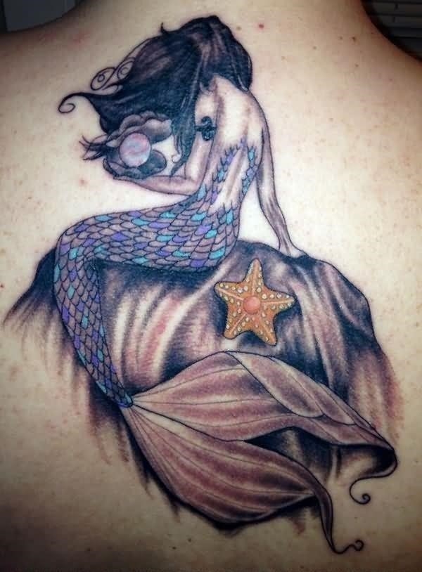 Grey Ink Star Fish And Mermaid Tattoo On Back Body