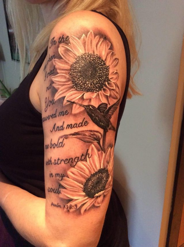 Grey Ink Sunflower Tattoo On Girl Half Sleeve