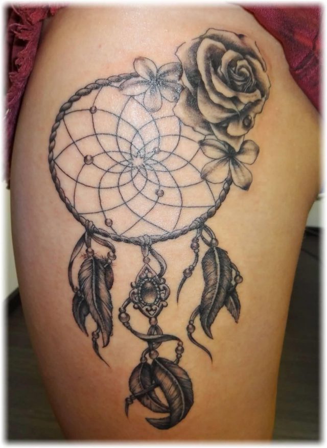 Grey Rose Dreamcatcher Tattoo On Side Thigh