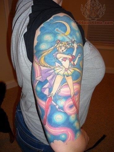 Half Sleeve Anime Girl Color Ink Tattoo For Girls