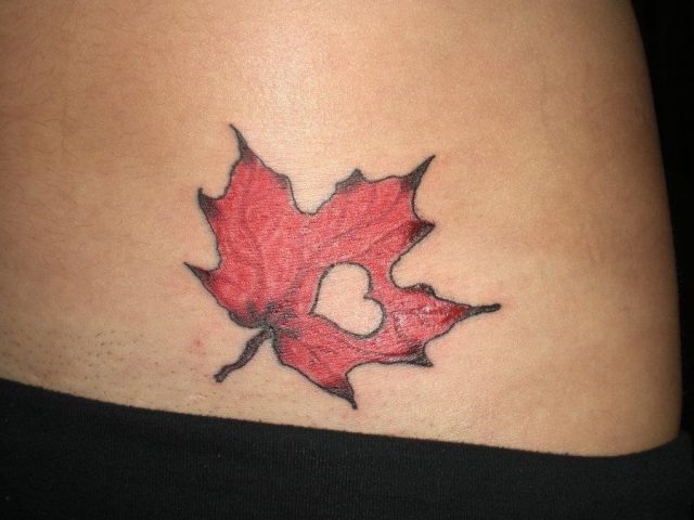 Heart In Red Maple Leaf Tattoo Design By Laurel Morrison