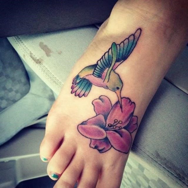 Hummingbird And Flower Tattoo On Right Foot