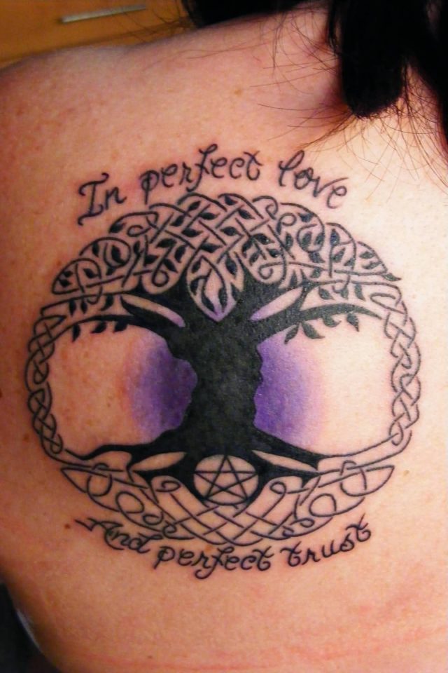 In Perfect Love And Perfect Trust Black Celtic Tree Of Life Tattoo On Left Back Shoulder