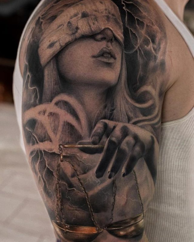 Justice Lady With Balance Tattoo On Half Sleeve by Yomico Moreno