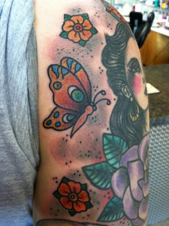 Lady With Butterflies Old School Tattoo