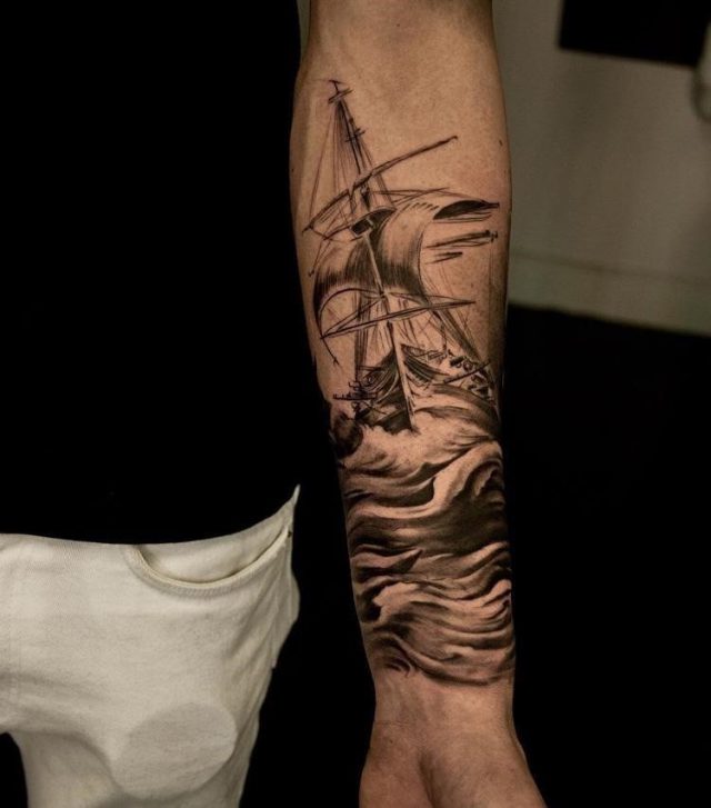 Left Forearm Ship Tattoo For Men