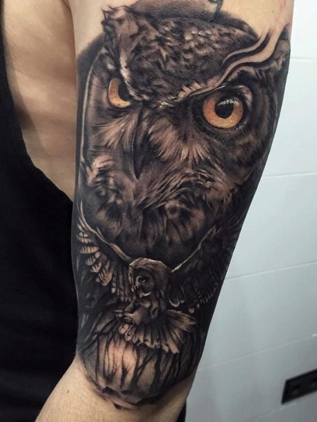 Left Half Sleeve Angry Owl Tattoo