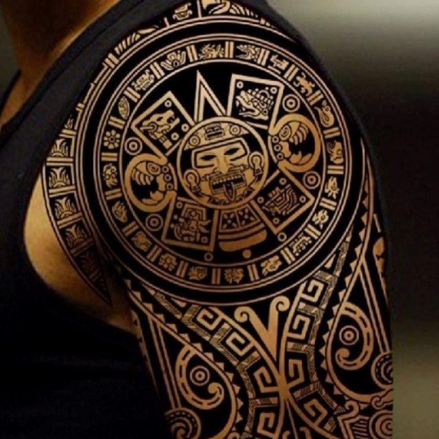 Left Half Sleeve Aztec Tattoo For Men