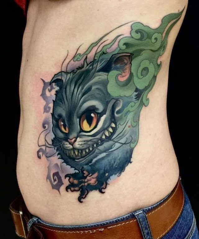 Left Rib Side Cheshire Cat Tattoo