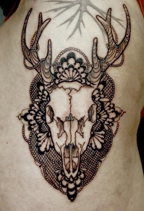 Left Side Rib Deer Skull Tattoo