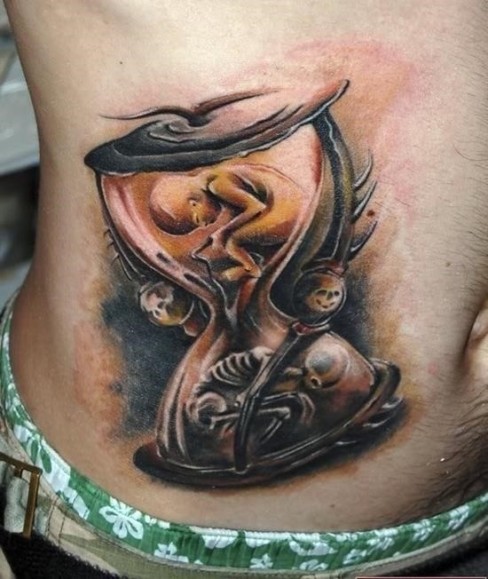 Life Death Hourglass Colored Tattoo On Hip