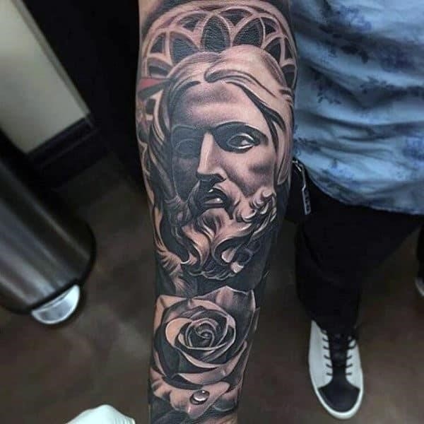 Lord and rose religious tattoo male full sleeve