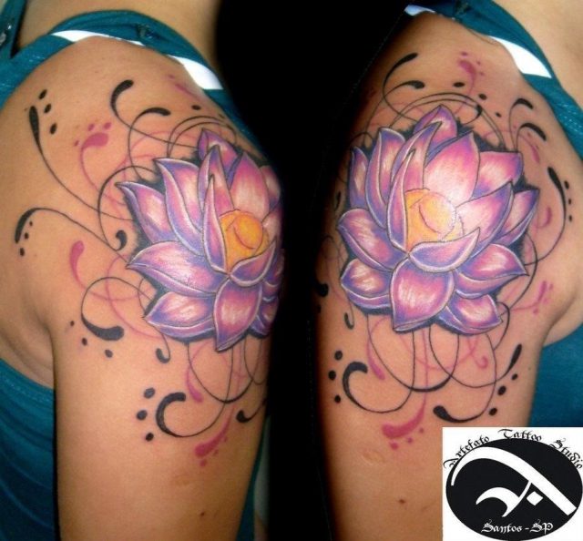 Lotus Flower Tattoo On Girl Right Shoulder