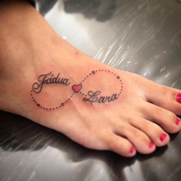 Lovely Infinity Name Hearts Tattoo On Foot