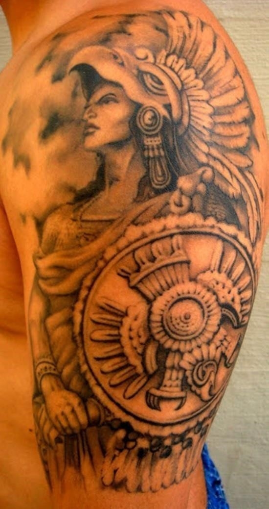 Man Left Half Sleeve Grey Ink Aztec Tattoo