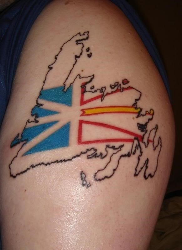 Marvel Blue Yellow Black And Red Color Ink Newfoundland Flag Tattoo Design For Girls
