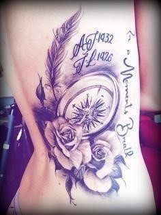 Memorial Compass With Roses Tattoo On Side Rib For Grandma