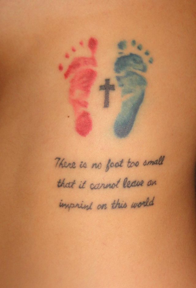 Miscarriage Baby Tattoo Colorful feet with cross and wording There is no foot so small that it cannot leave an imprint on this world