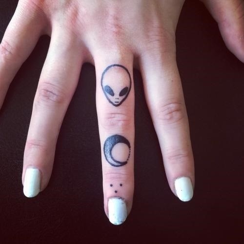 Moon And Simple Alien Head Tattoo On Finger