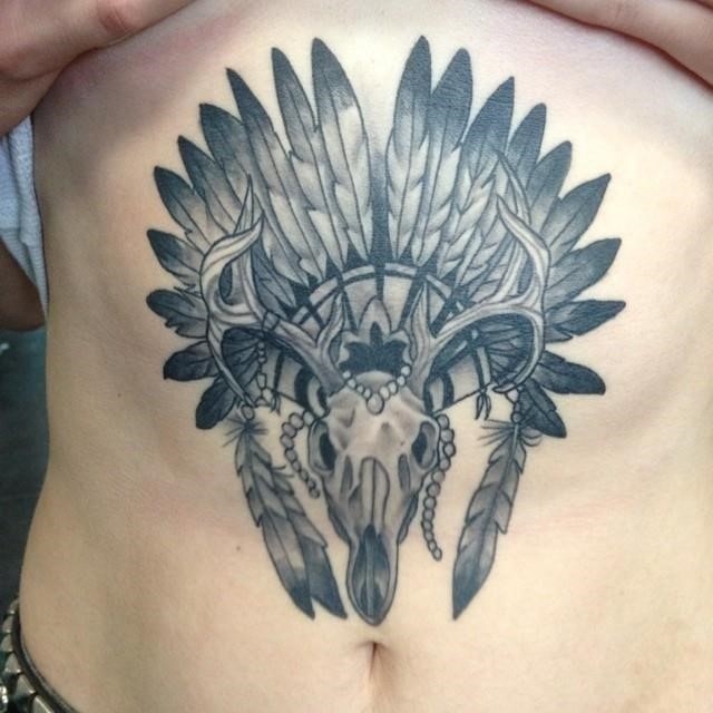 Native Deer Skull Tattoo On Stomach