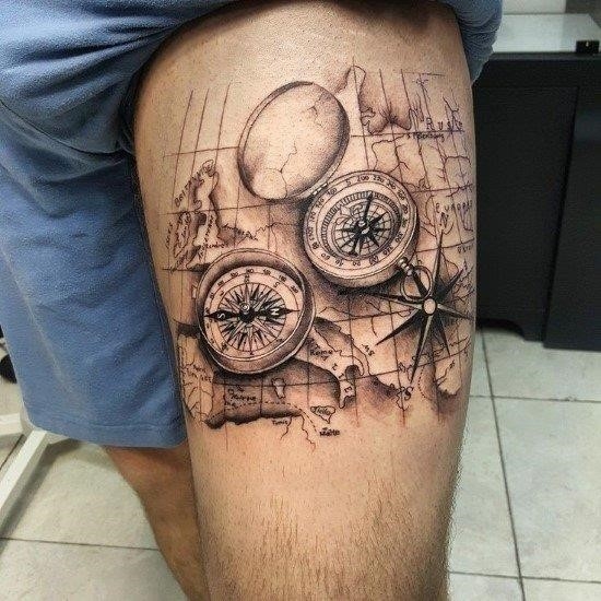 Nautical Compass And Map Tattoo On Left Thigh For Men