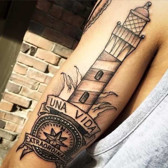 Nautical Compass Lighthouse Tattoo On Full Sleeve