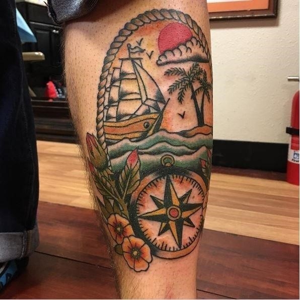 Nautical Themed Colorful Tattoo On Leg Calf