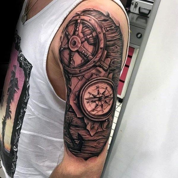 Nautical Themed Tattoo On Man Half sleeve