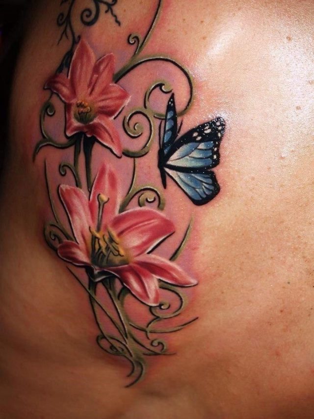 Nice Flowers And Blue Butterfly Tattoo