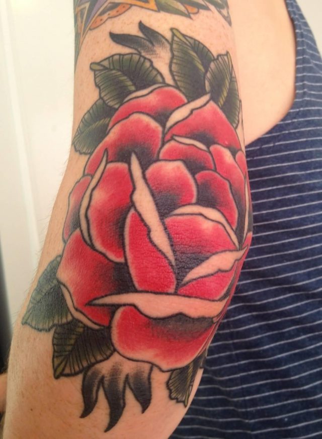 Nice Red Rose Elbow Tattoo