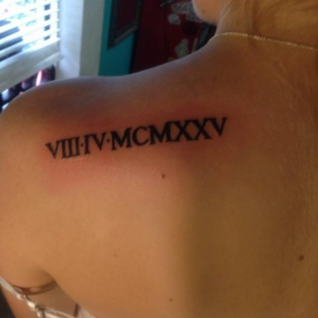 Nice Roman Numerals Birthday Date Tattoo On Back Shoulder