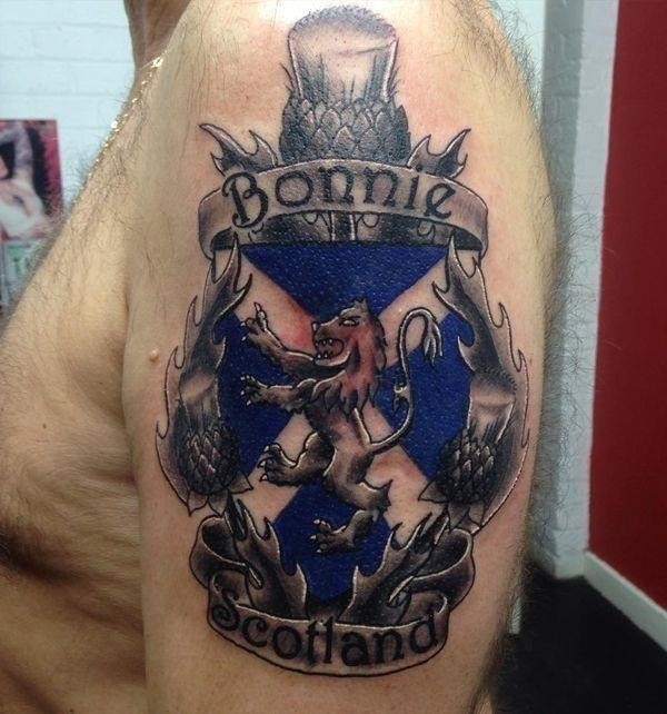 Patriotic Thistle Quarter Sleeve Tattoo with Scottish Flag